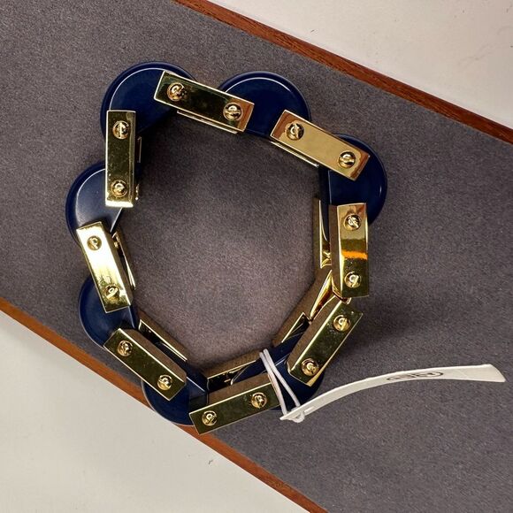 Tory Burch Logo Link Chunky Bangle Bracelet Blue Gold Enamel Chain NWT MSRP $299 - Picture 3 of 10